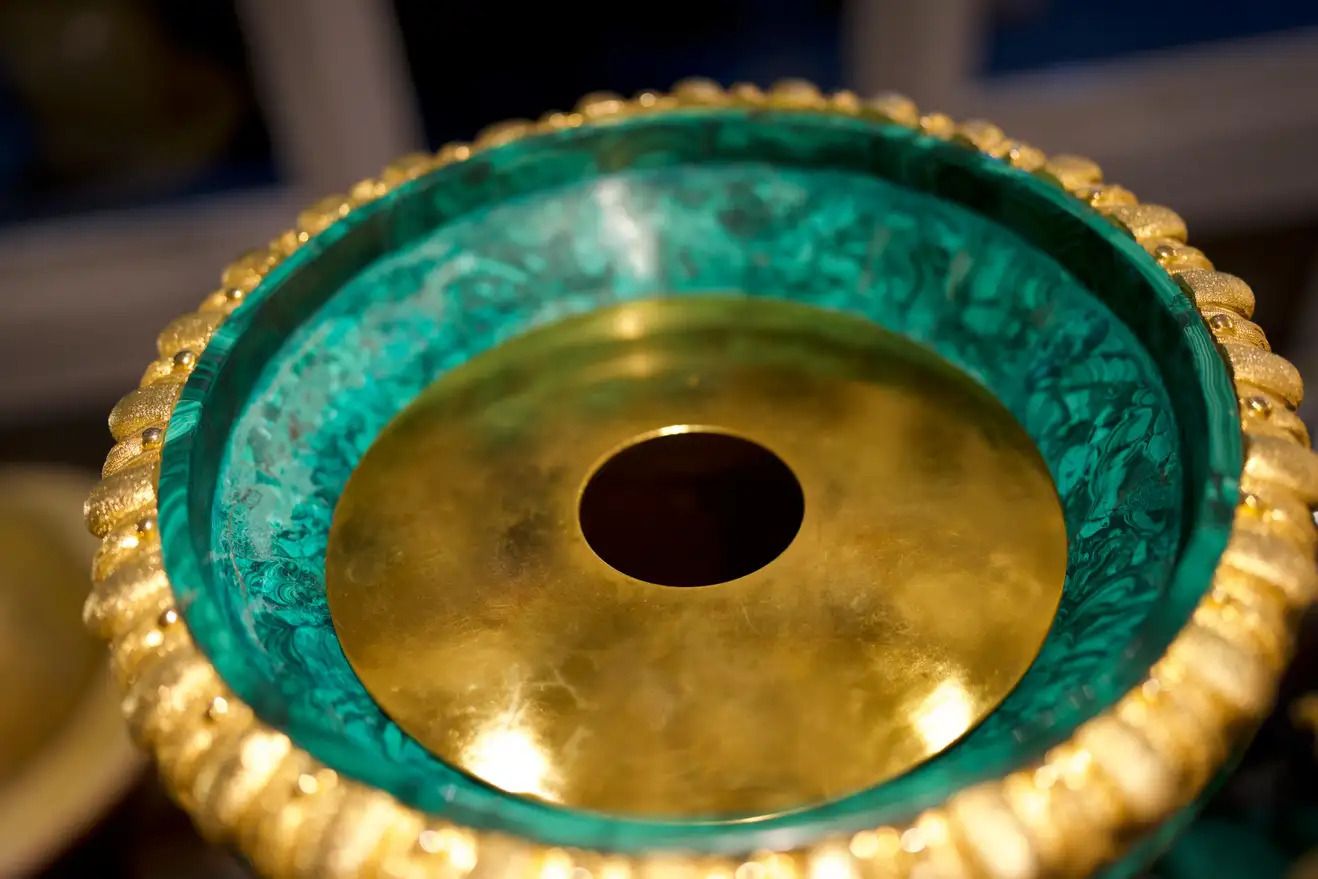 20th Century Pair Monumental Gilt Bronze Mounted Malachite Urns photo vinterior
