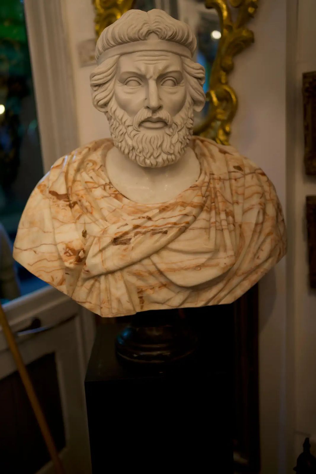 20th Century Bust Of Roman Hand Carved In Carrara White And Alicante Red Marble photo for sale