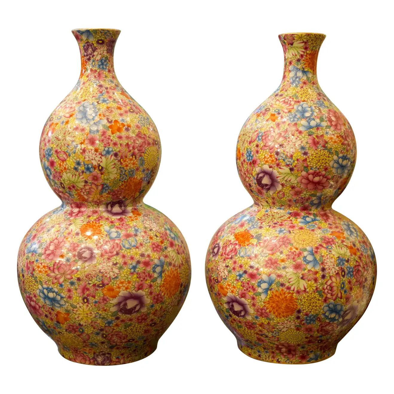 Pair Of Oriental Double Gourd Mille Fleur Vases, 20th Century