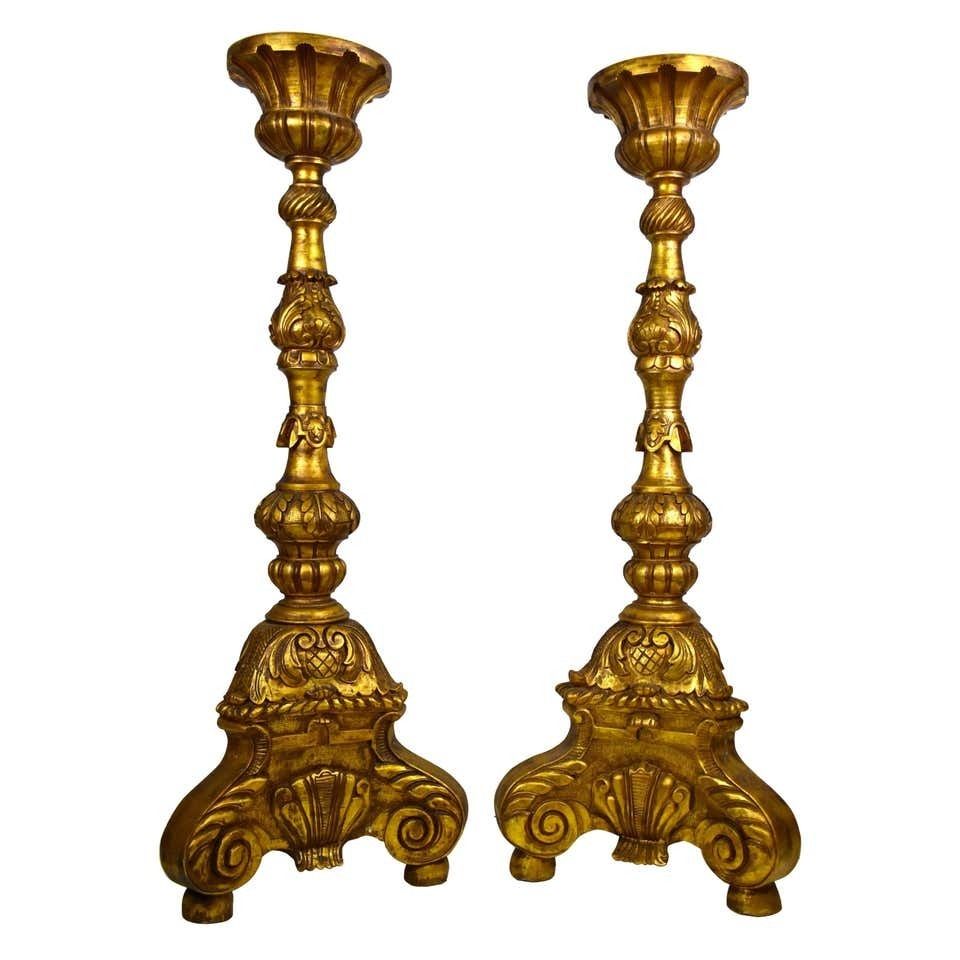 Large Pair Of Continental Carved, Gilt Torchers 5 Feet Tall