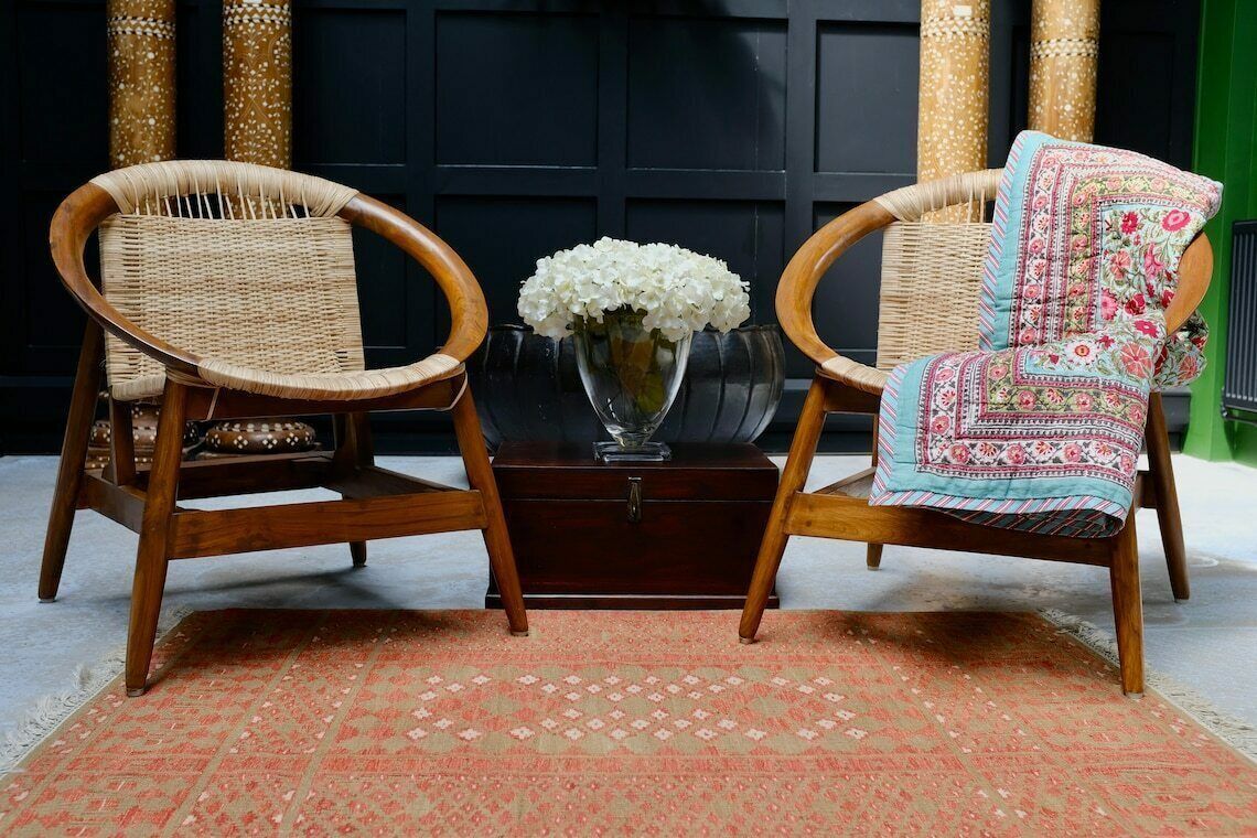 Handcrafted Teakwood & Cane Lounge Chair – Sculptural Curved Frame, Woven Seat For Indoor & Outdoor Use photo 299.0