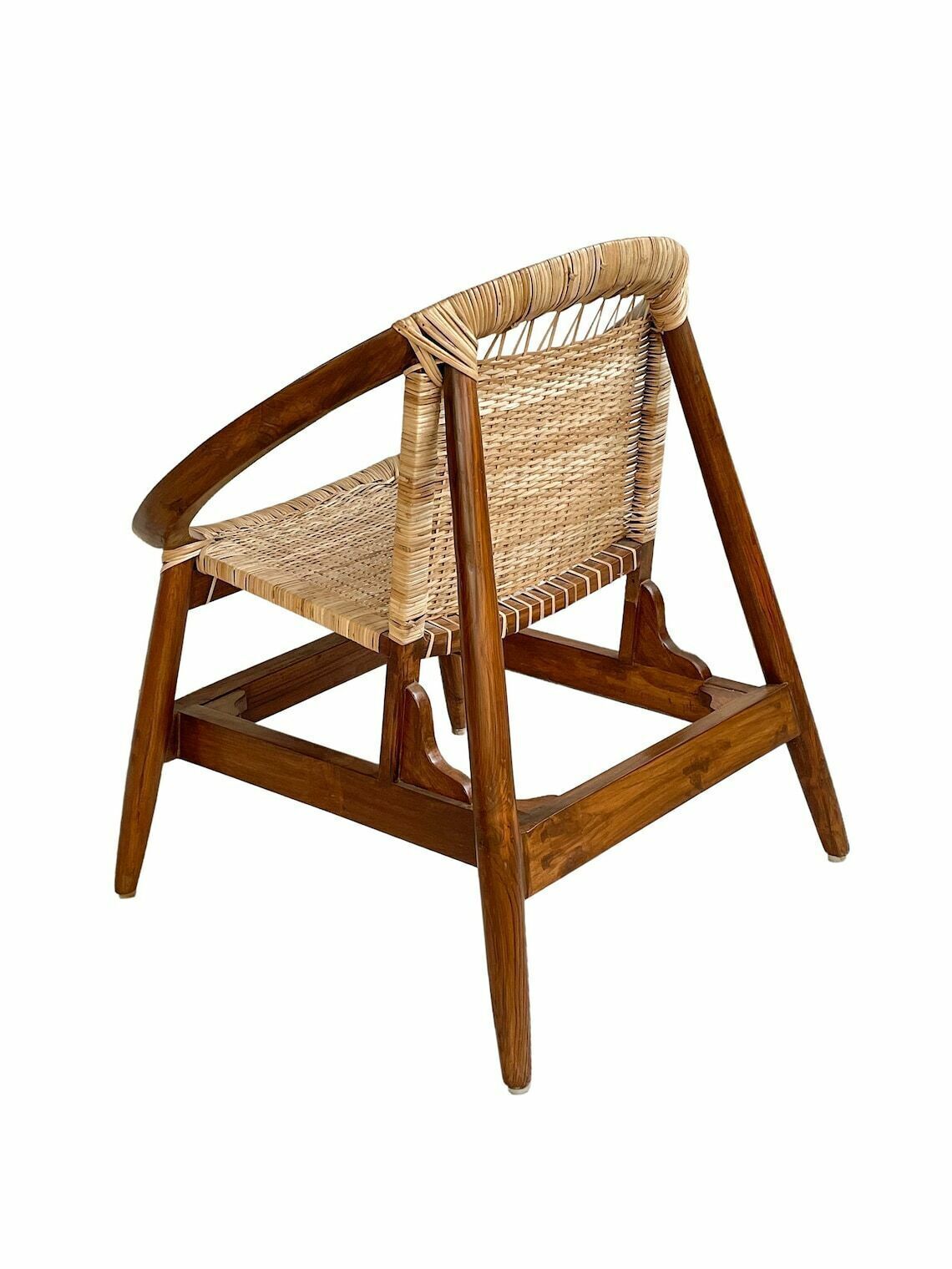 photo furniture Handcrafted Teakwood & Cane Lounge Chair – Sculptural Curved Frame, Woven Seat For Indoor & Outdoor Use