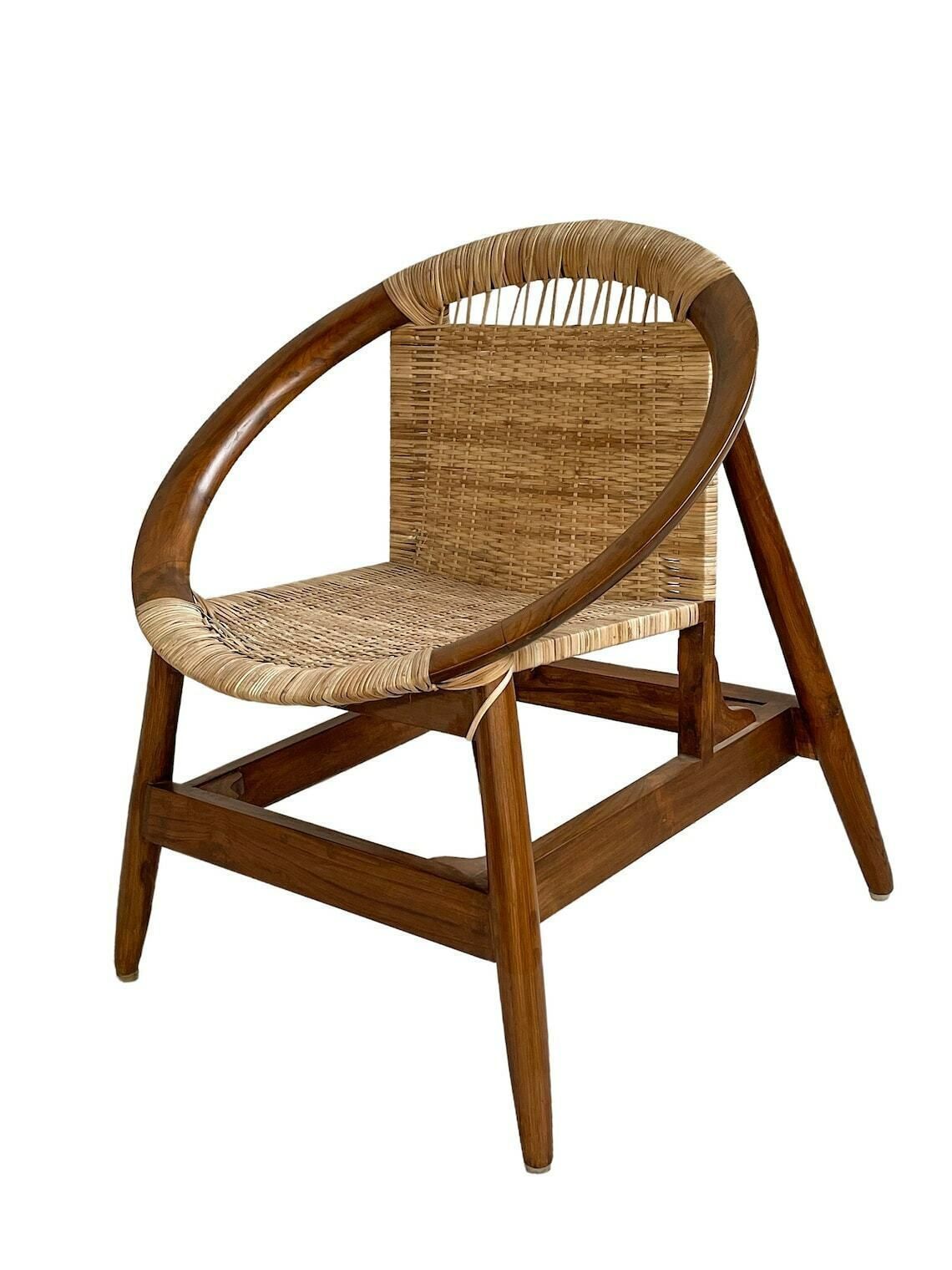 photo for sale Handcrafted Teakwood & Cane Lounge Chair – Sculptural Curved Frame, Woven Seat For Indoor & Outdoor Use