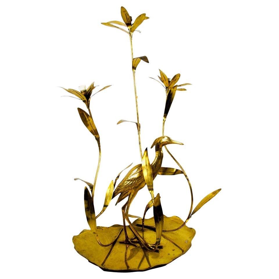 Italian Golden Brass Crane/ Heron And Floral Floor Lamp For Cittone Oggi, 1960