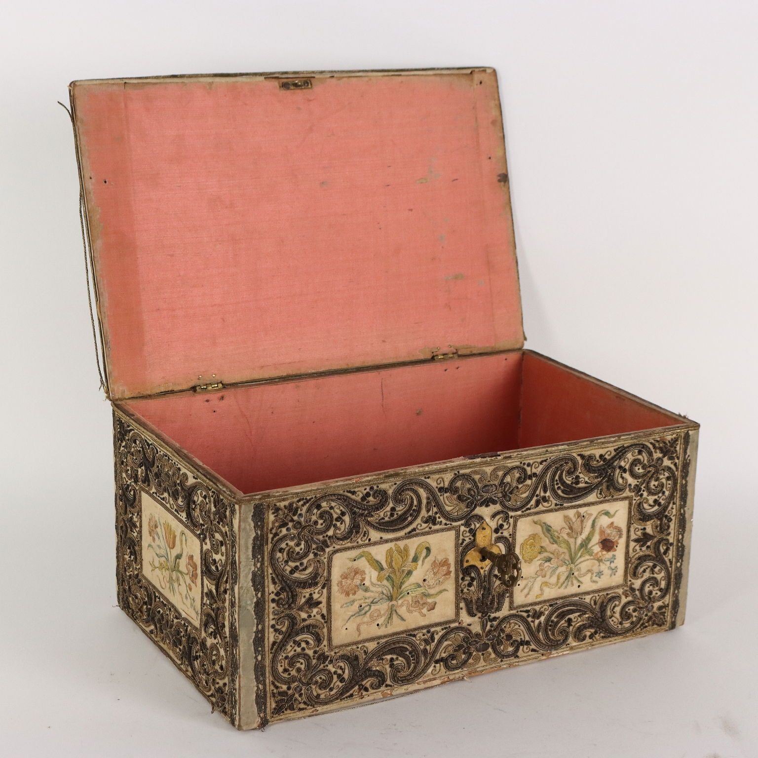 Antique Casket Wood Fabric Beads Europe XIX Century photo for sale