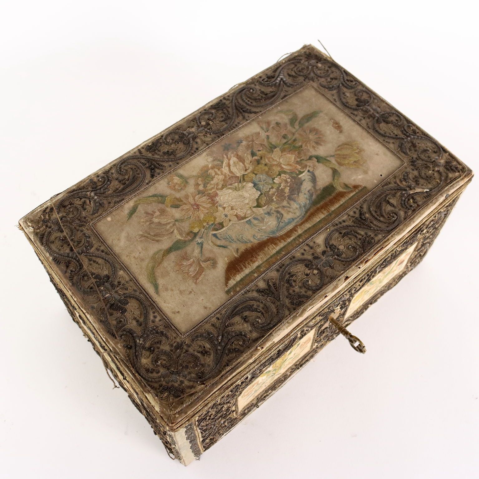Home Decor Antique Casket Wood Fabric Beads Europe XIX Century photo