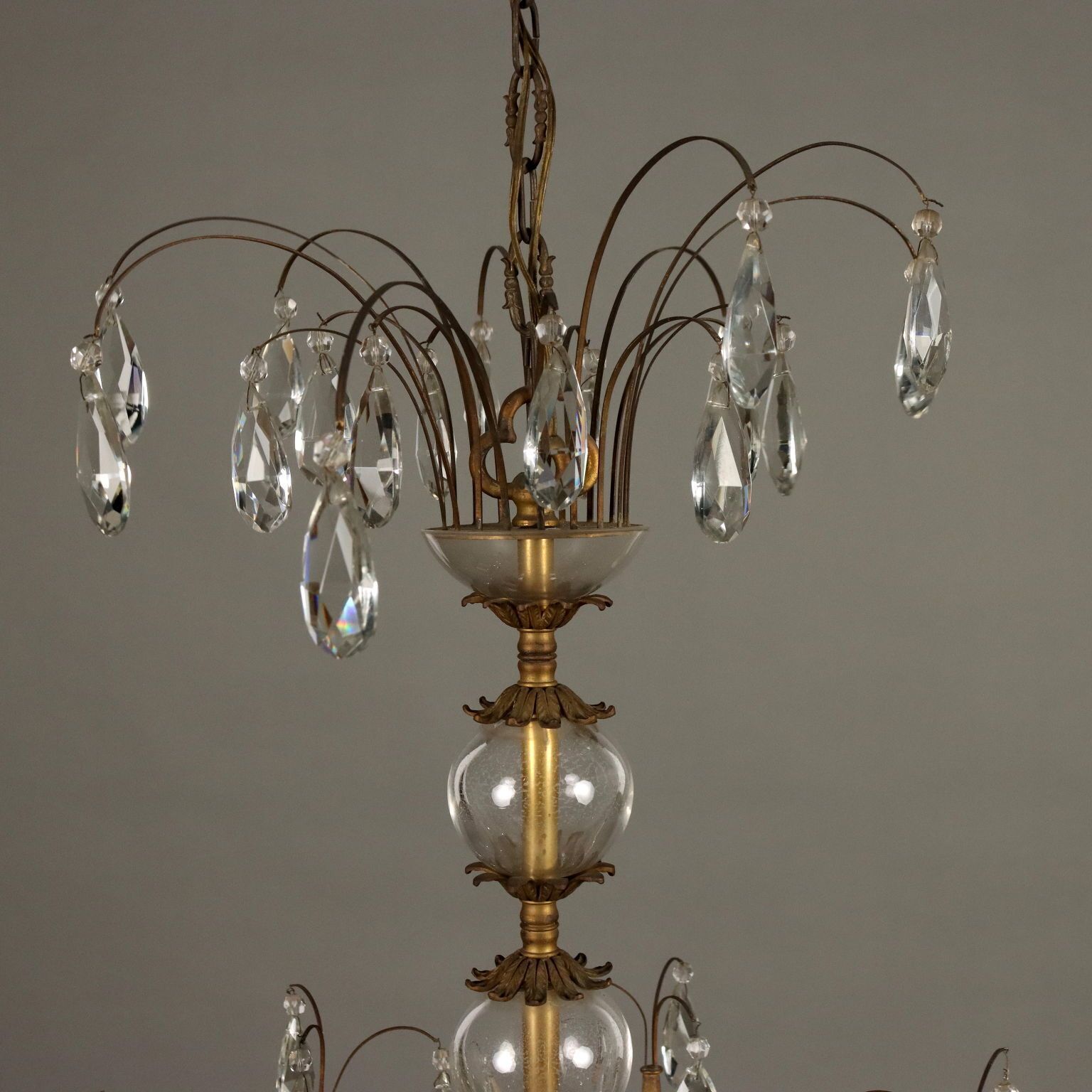 Antique Chandelier Burnished Metal 6 Branches Glass Italy XX Century photo for sale