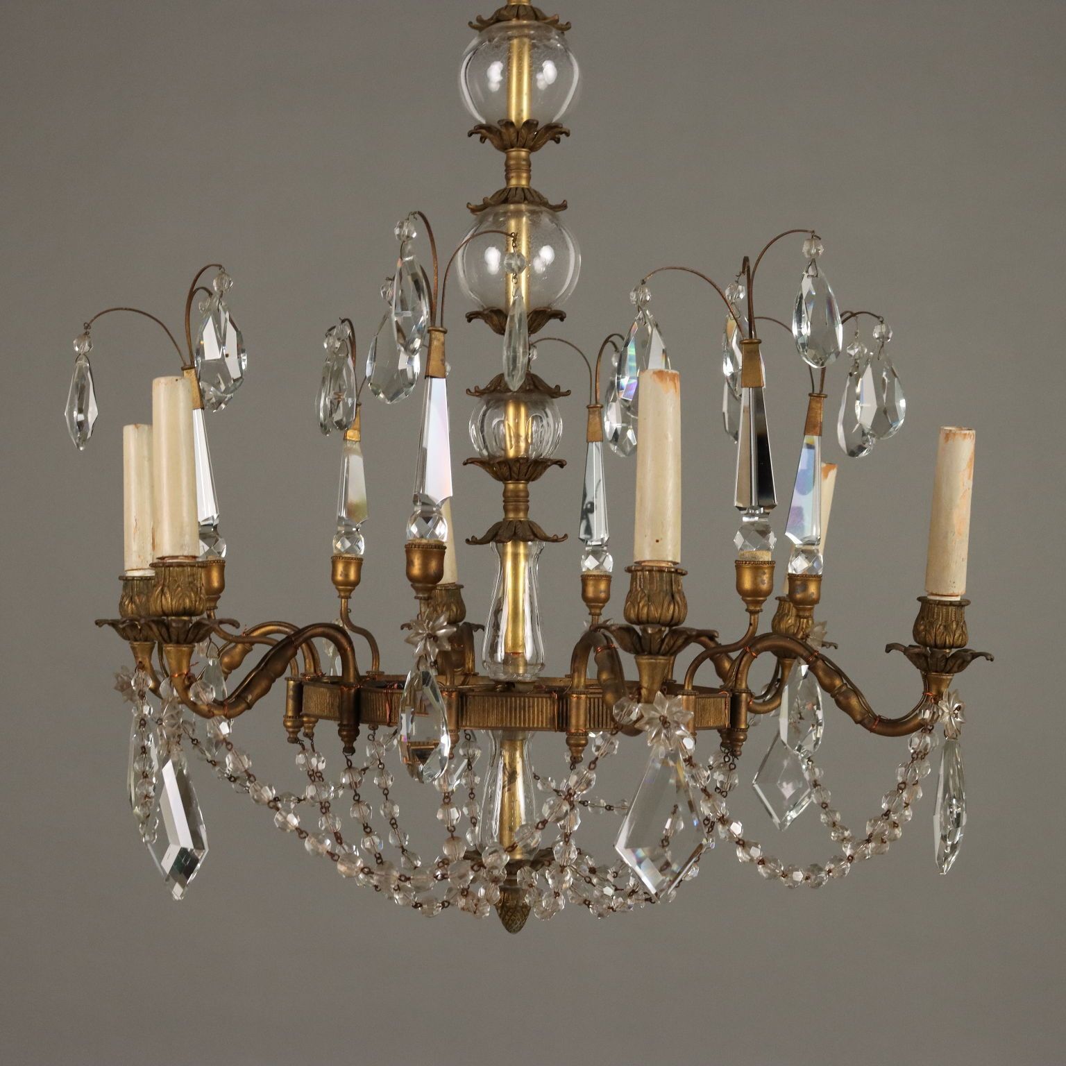 Antique Chandelier Burnished Metal 6 Branches Glass Italy XX Century photo 1040.0