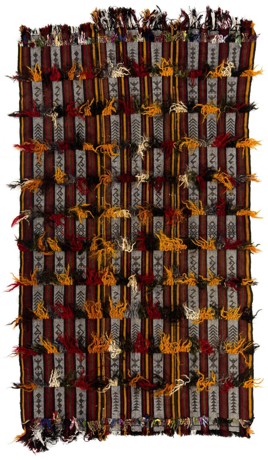 5.2x9.2 Ft Banded Tribal Kilim, Floor Covering With Wool And Cotton Poms