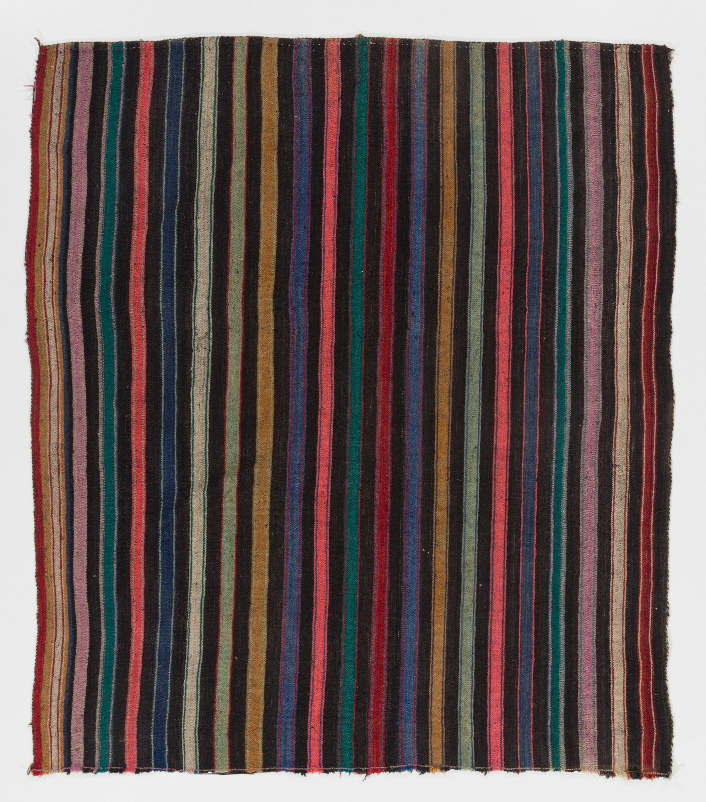 5.2x6.6 Ft Nomadic Anatolian Kilim Rug With Black, Orange, Lilac, Green Stripes