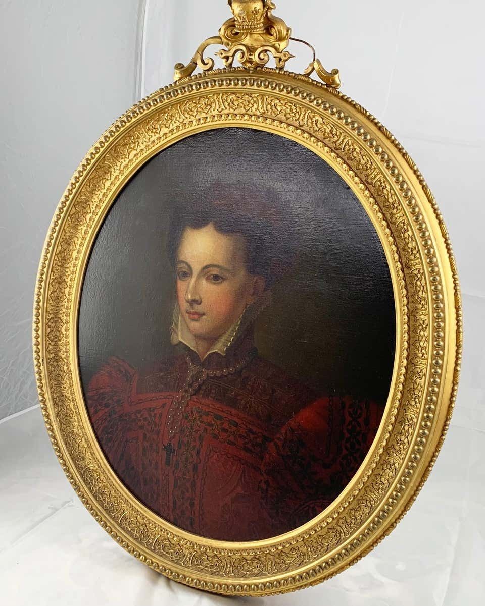 19th Century Continental Oil On Canvas Of A Lady In 16th Century Dress photo Art