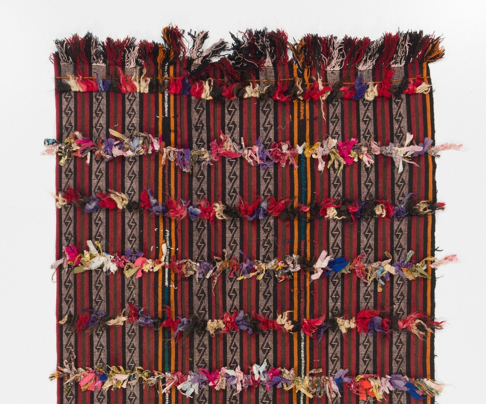 4.7x8.3 Ft Banded Tribal Kilim Rug With Colorful Poms photo furniture