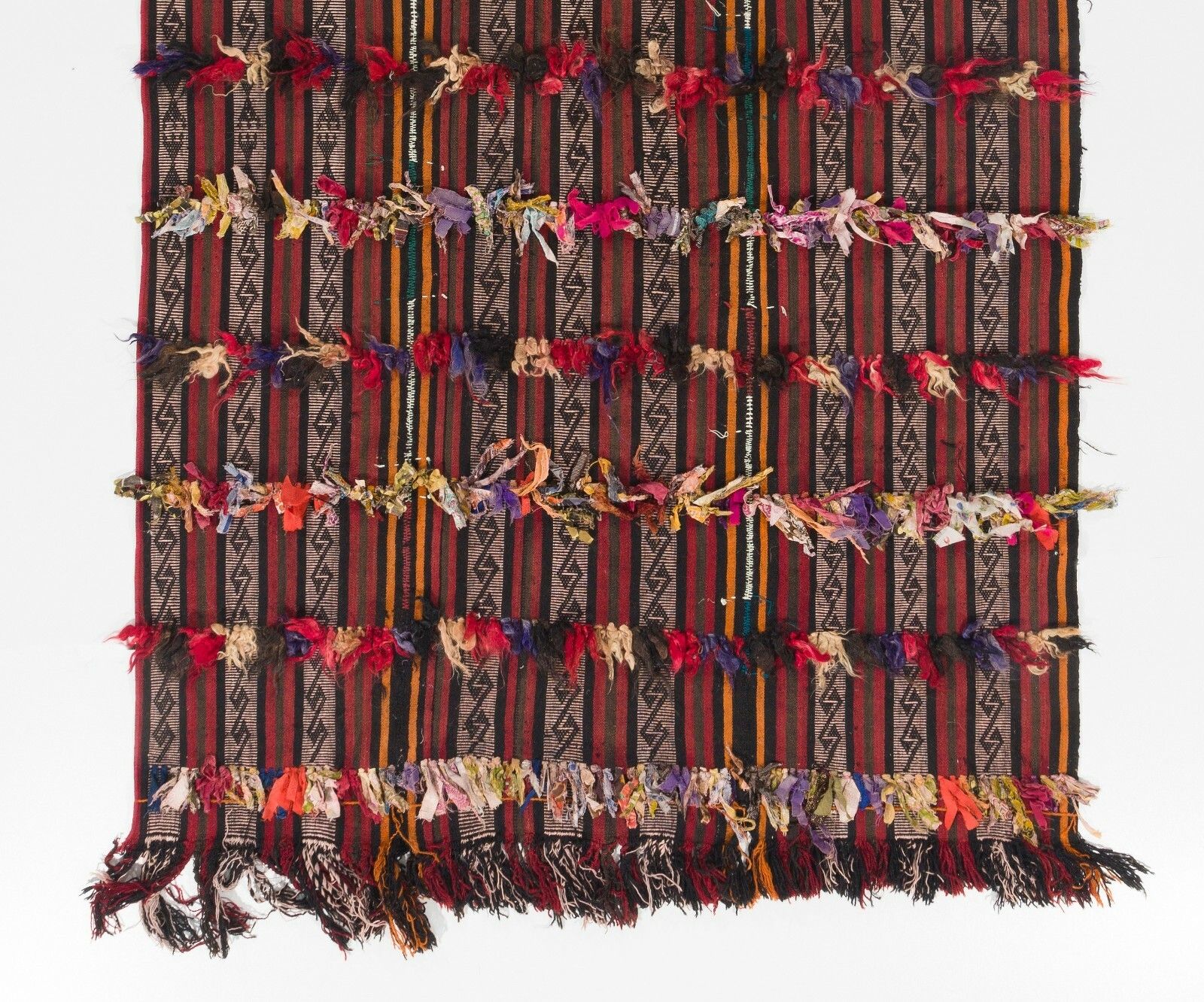 4.7x8.3 Ft Banded Tribal Kilim Rug With Colorful Poms photo for sale