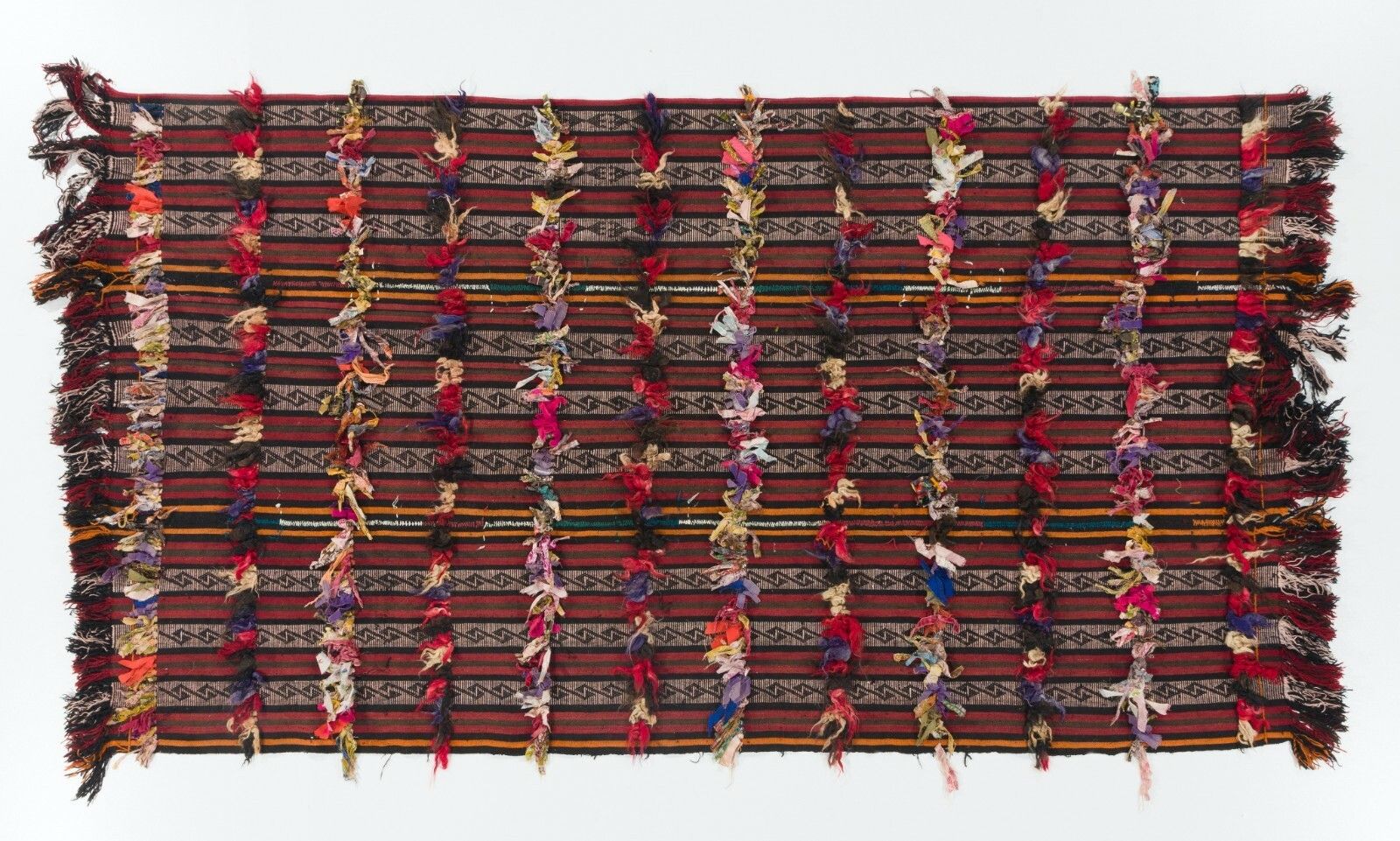 4.7x8.3 Ft Banded Tribal Kilim Rug With Colorful Poms photo 509.0