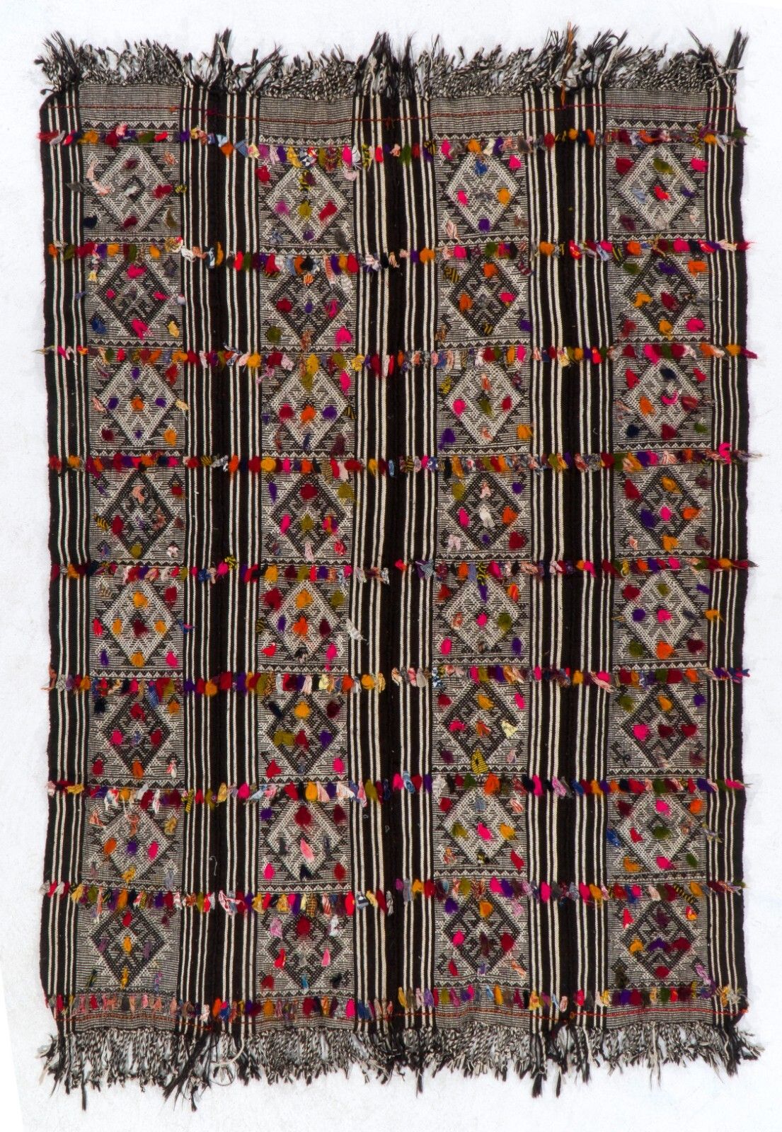 5.6x7.3 Ft Hand Woven Vintage Turkish Kilim Rug (Flat Weave) With Colorful Pomps