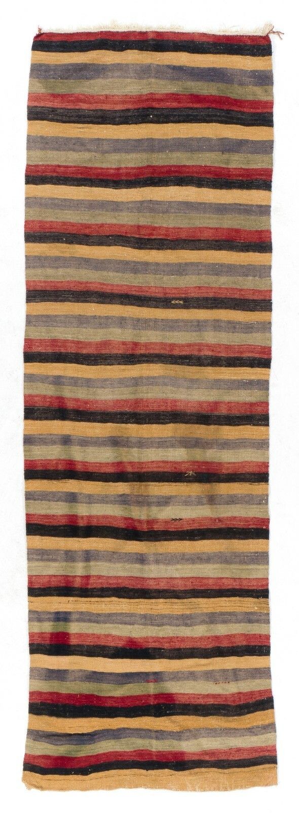 4x11.9 Ft Nomadic Kilim Runner In Yellow, Black, Red, Blue And Gray Stripes