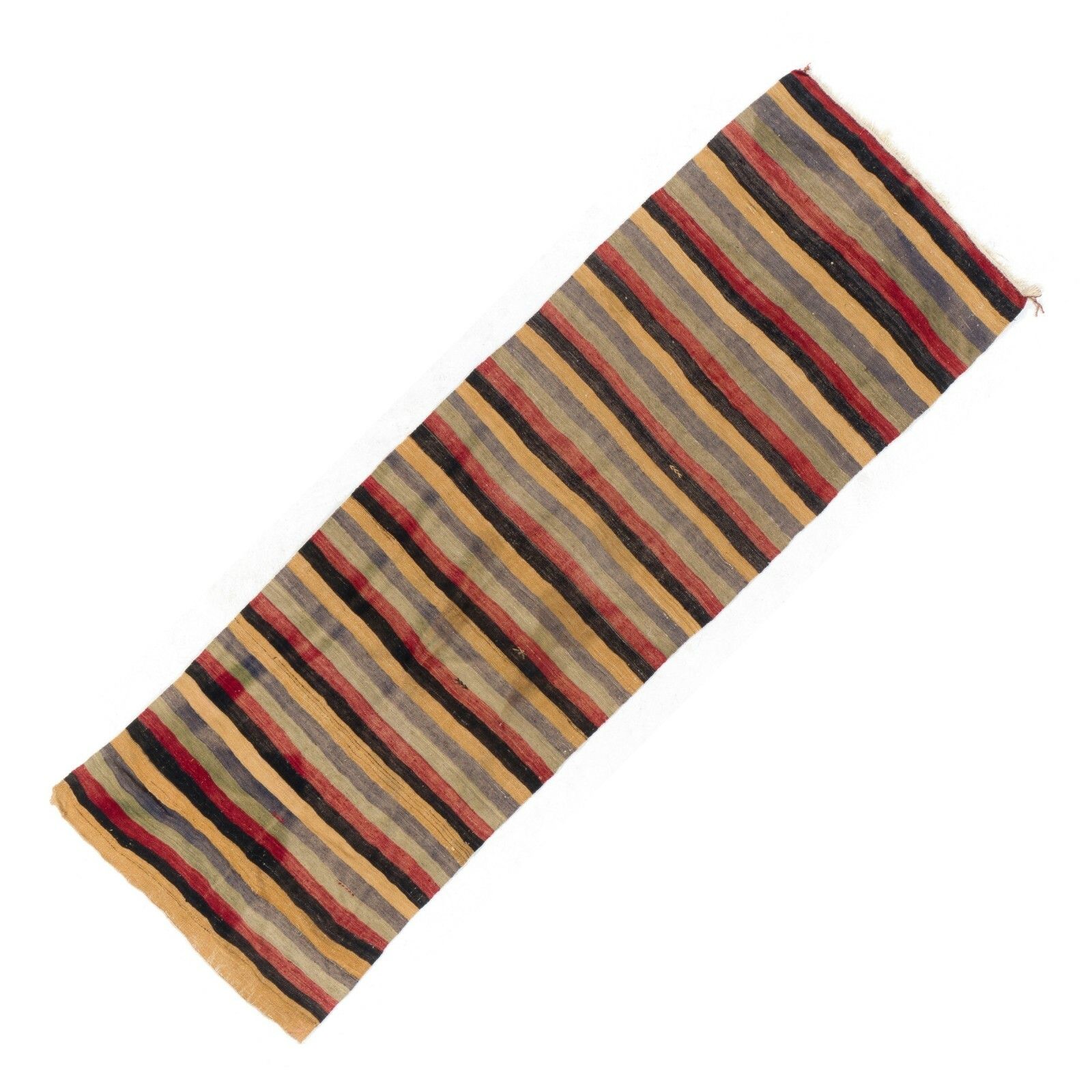 4x11.9 Ft Nomadic Kilim Runner In Yellow, Black, Red, Blue And Gray Stripes photo Textiles