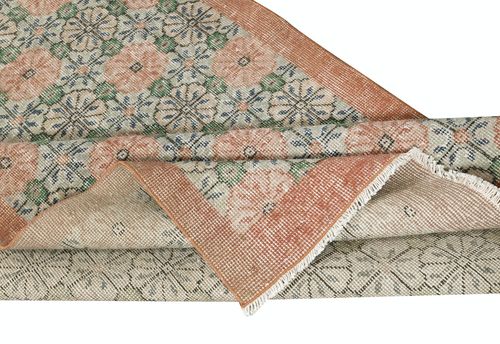 3.8x6.8 Ft Vintage Handmade Green Area Rug With Floral Design & Solid Red Border photo for sale
