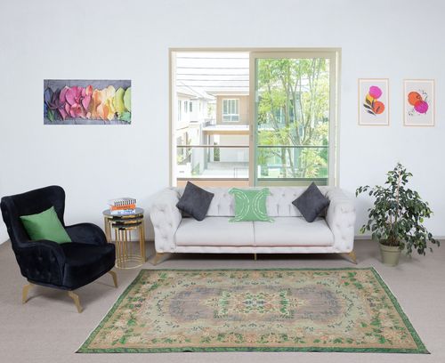 5.8x8.8 Ft Vintage Hand Knotted Turkish Rug In Shades Of Green photo furniture