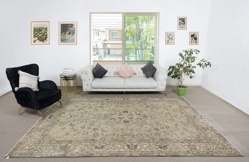 8x11 Ft Hand Knotted Turkish Area Rug With Floral Design And Soft Green Field photo furniture
