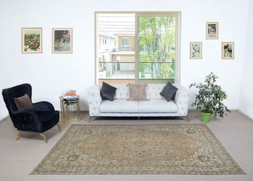 6.7x10.4 Ft Vintage Turkish Wool Area Rug In Muted Colors, Handmade Large Carpet photo furniture
