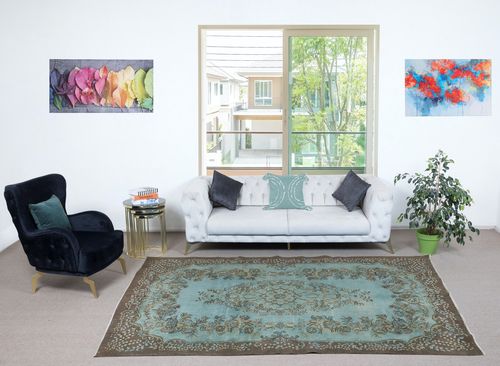 6x10.3 Ft Modern Handmade Blue Color Turkish Wool Area Rug With Medallion Design photo furniture