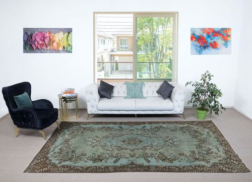 6.7x11.5 Ft Blue Hand Knotted Turkish Rug, Contemporary Medallion Design Carpet photo furniture