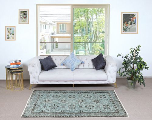 4x6.8 Ft Light Blue Area Rug With Floral Design. Hand Knotted In Turkey photo furniture