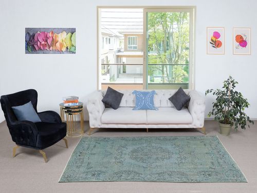 4.7x8.7 Ft Contemporary Handmade Turkish Area Rug Over Dyed In Light Blue photo furniture
