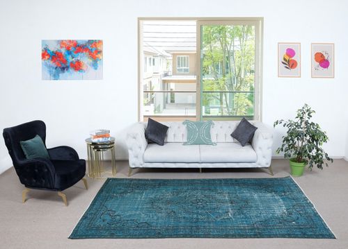 5.6x9.4 Ft Modern Handmade Turkish Area Rug Over Dyed In Blue. Floor Covering photo furniture