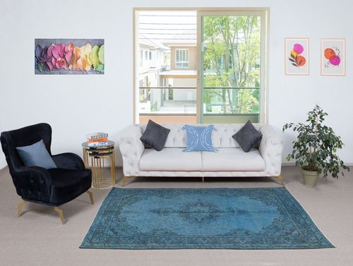 5x8.3 Ft Vintage Handmade Blue Color Turkish Area Rug With Medallion Design photo furniture