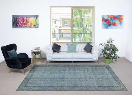 6.5x10.8 Ft Blue Color Over Dyed Rug. Handmade Turkish Rug With Floral Design photo furniture