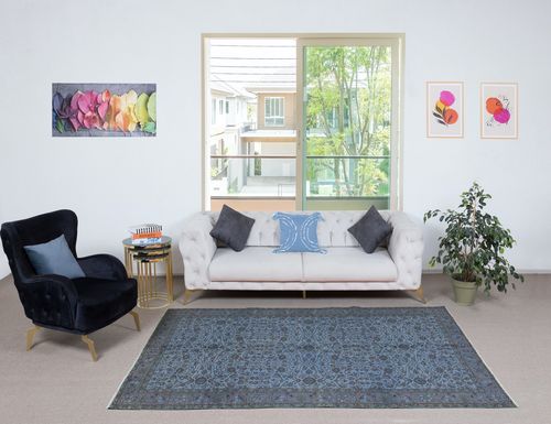 5.6x8.7 Ft Contemporary Handmade Blue Color Turkish Area Rug With Floral Design photo furniture