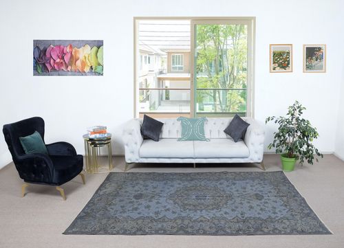 6x9.6 Ft Handmade Rug For Living Room, Vintage Turkish Carpet Re Dyed In Blue photo furniture
