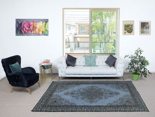 6x9.2 Ft Modern Hand Knotted Blue Color Turkish Area Rug With Medallion Design photo furniture