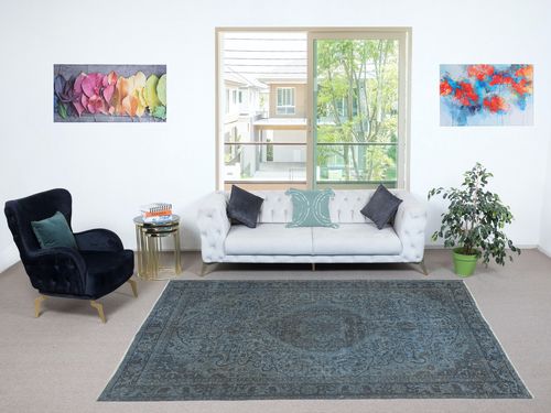 6.2x10.2 Ft Modern Handmade Blue Color Turkish Area Rug With Medallion Design photo furniture