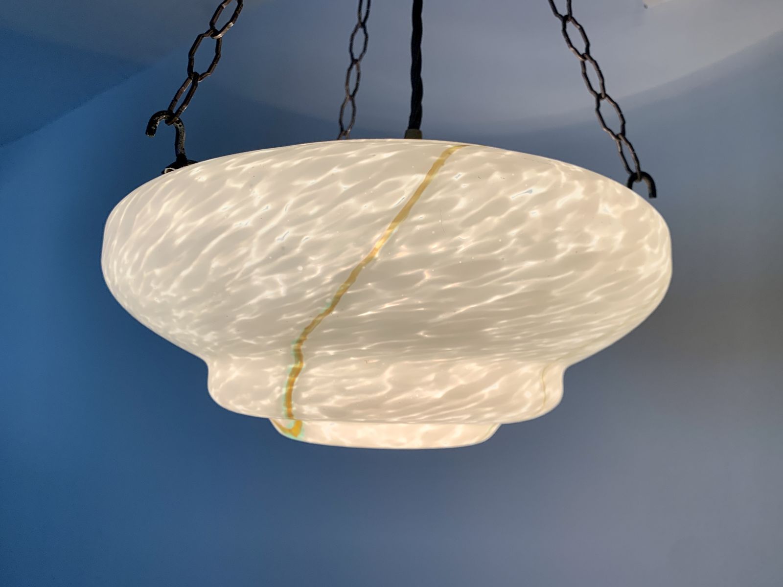 Classic Art Deco Fluted Soft White Marbled Glass Plafonnier With Green Highlights C.1920, Restored And Rewired Ready To Be Placed. photo for sale