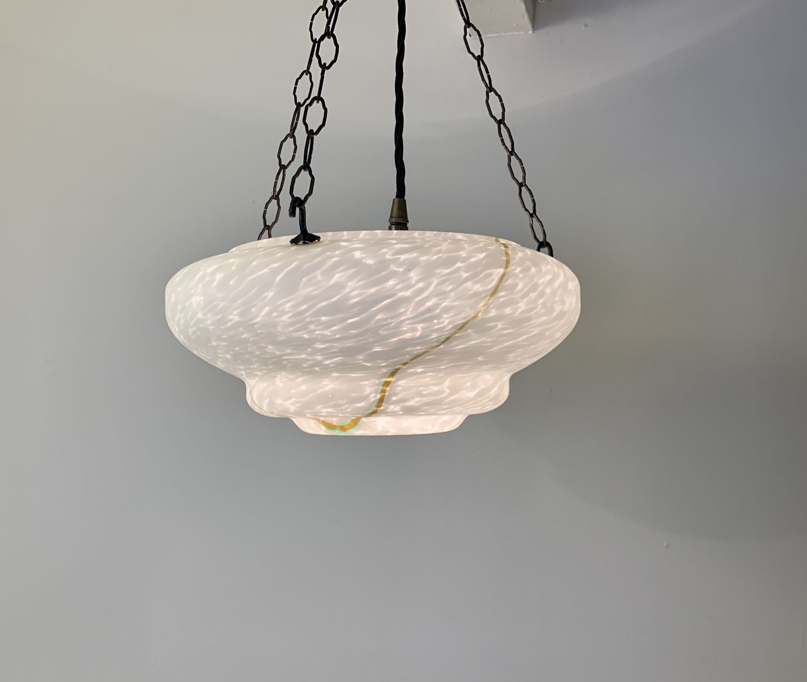 Classic Art Deco Fluted Soft White Marbled Glass Plafonnier With Green Highlights C.1920, Restored And Rewired Ready To Be Placed.