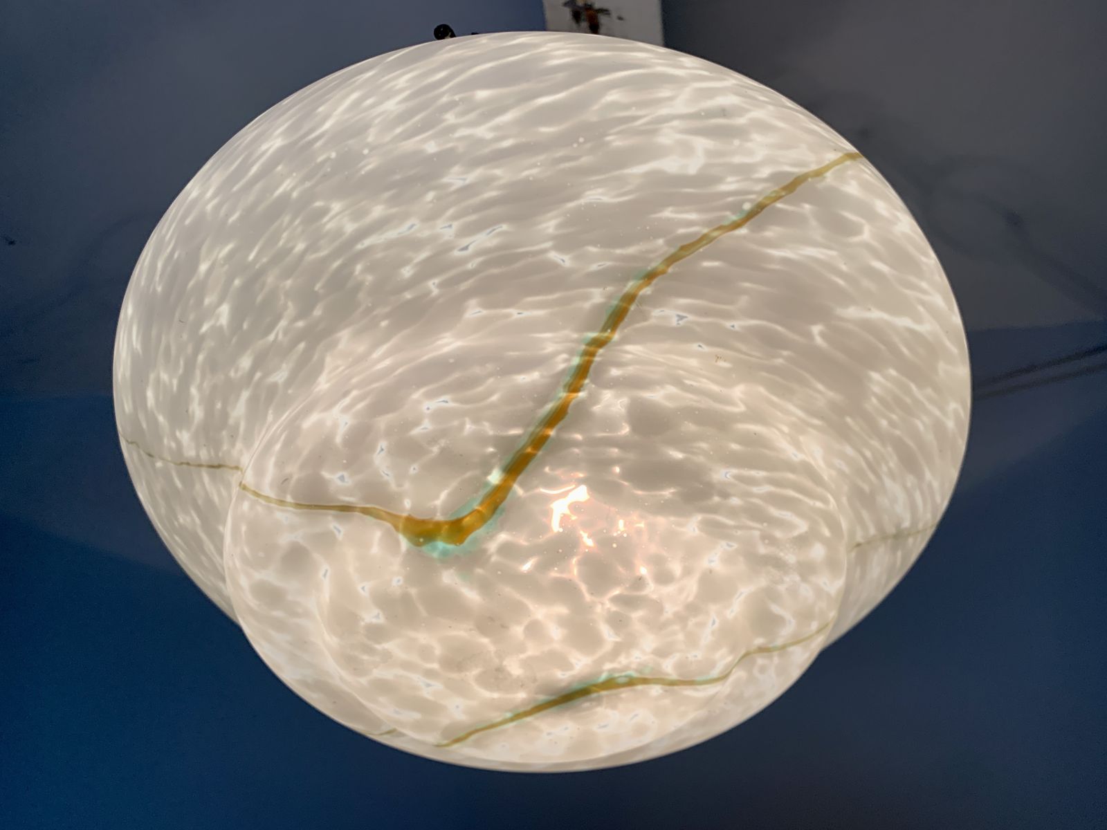 Classic Art Deco Fluted Soft White Marbled Glass Plafonnier With Green Highlights C.1920, Restored And Rewired Ready To Be Placed. photo vinterior
