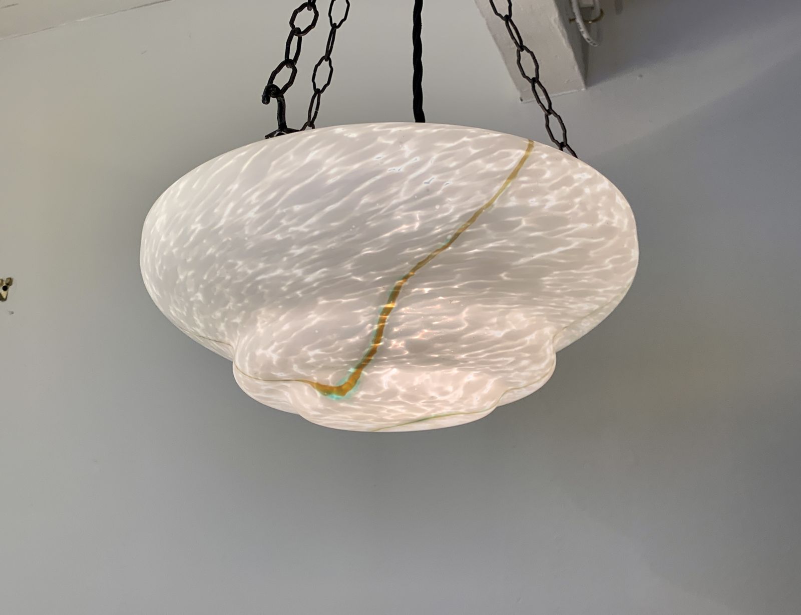 Classic Art Deco Fluted Soft White Marbled Glass Plafonnier With Green Highlights C.1920, Restored And Rewired Ready To Be Placed. photo buy