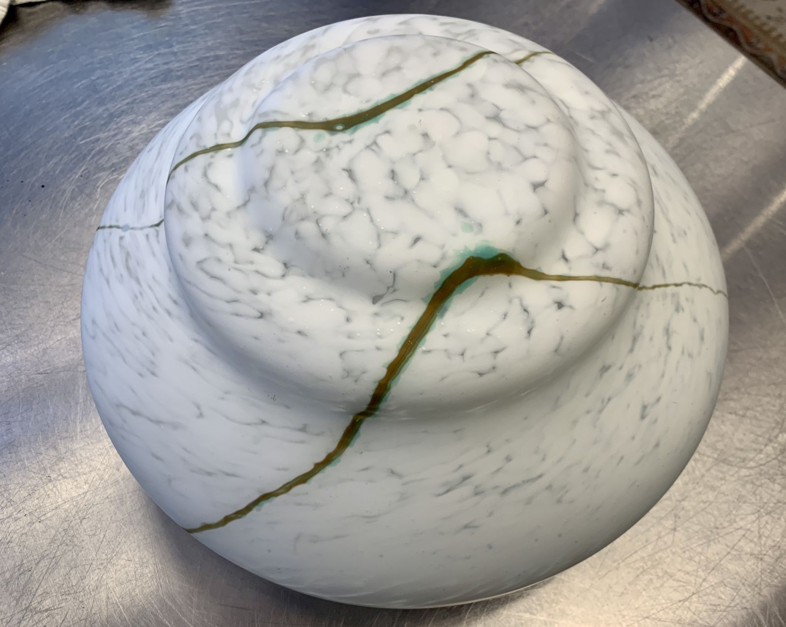 photo for sale Classic Art Deco Fluted Soft White Marbled Glass Plafonnier With Green Highlights C.1920, Restored And Rewired Ready To Be Placed.