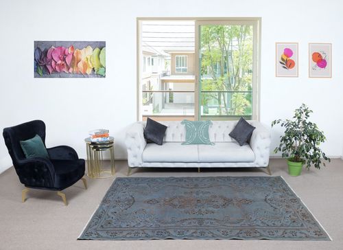 6x8.8 Ft Contemporary Handmade Turkish Area Rug Re Dyed In Blue. Floor Covering photo furniture
