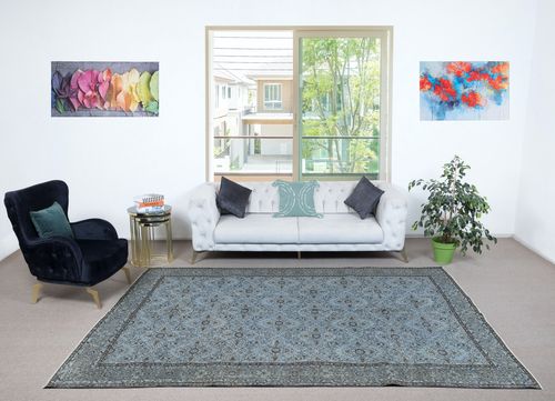 7x11.5 Ft Modern Handmade Blue Color Turkish Wool Area Rug With Floral Design photo furniture