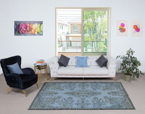 5.2x8.8 Ft Blue Area Rug With Floral Garden Design, Handmade In Turkey photo furniture