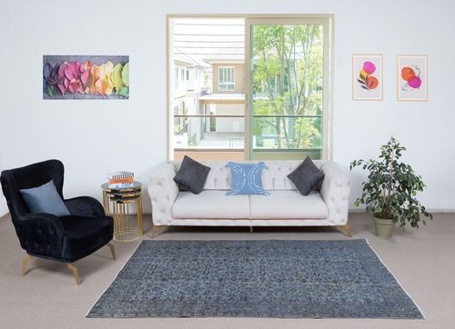 5.5x8.4 Ft Decorative Blue Color Handmade Turkish Area Rug With Flower Design photo furniture