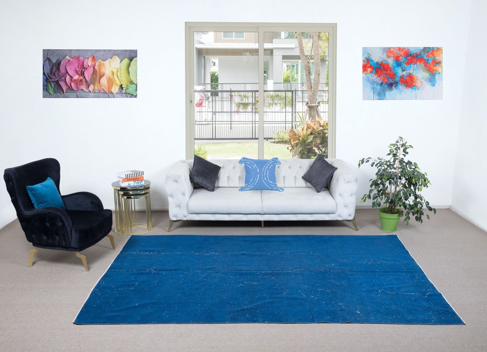 6.5x10 Ft Modern Handmade Turkish Rug In Sapphire Blue, Unique Upcycled Carpet photo furniture