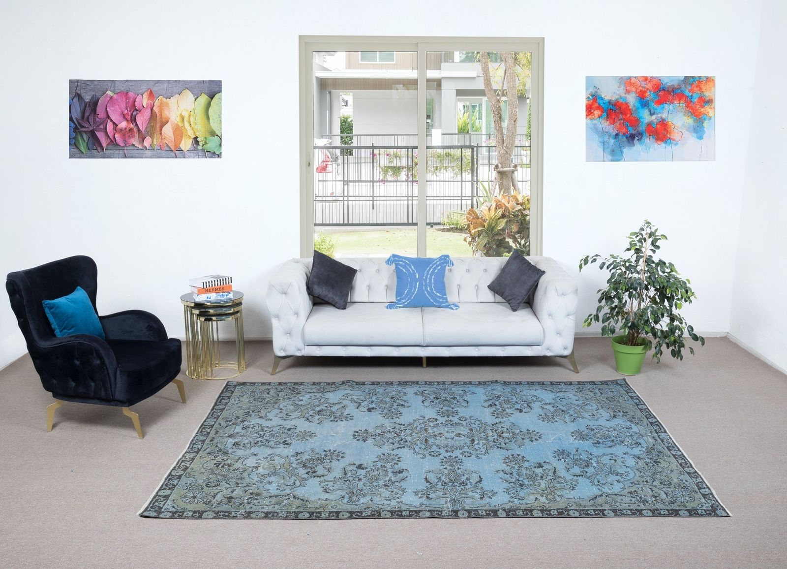 6.4x9.4 Ft Turkish Handmade Floral Rug In Light Blue, Modern Sky Blue Carpet photo furniture