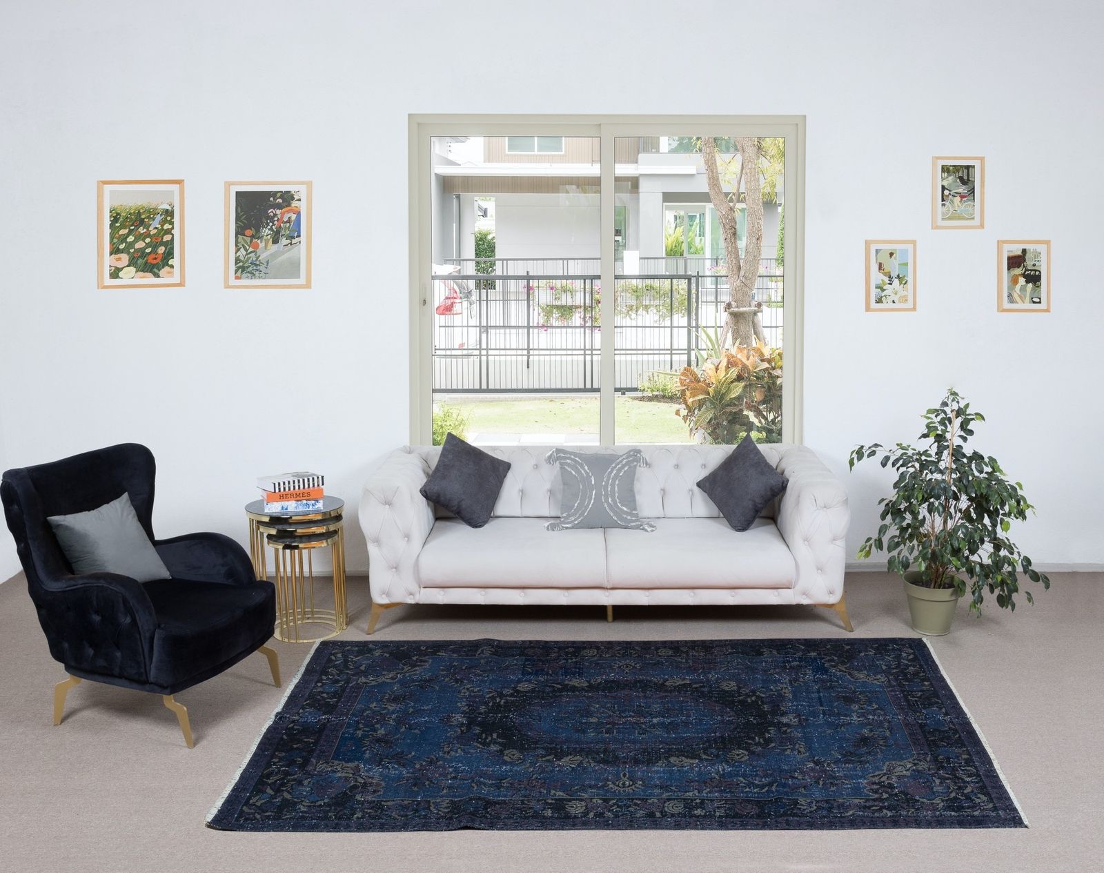 5.7x10.2 Ft French Aubusson Area Rug In Dark Blue, Handmade Turkish Carpet photo furniture