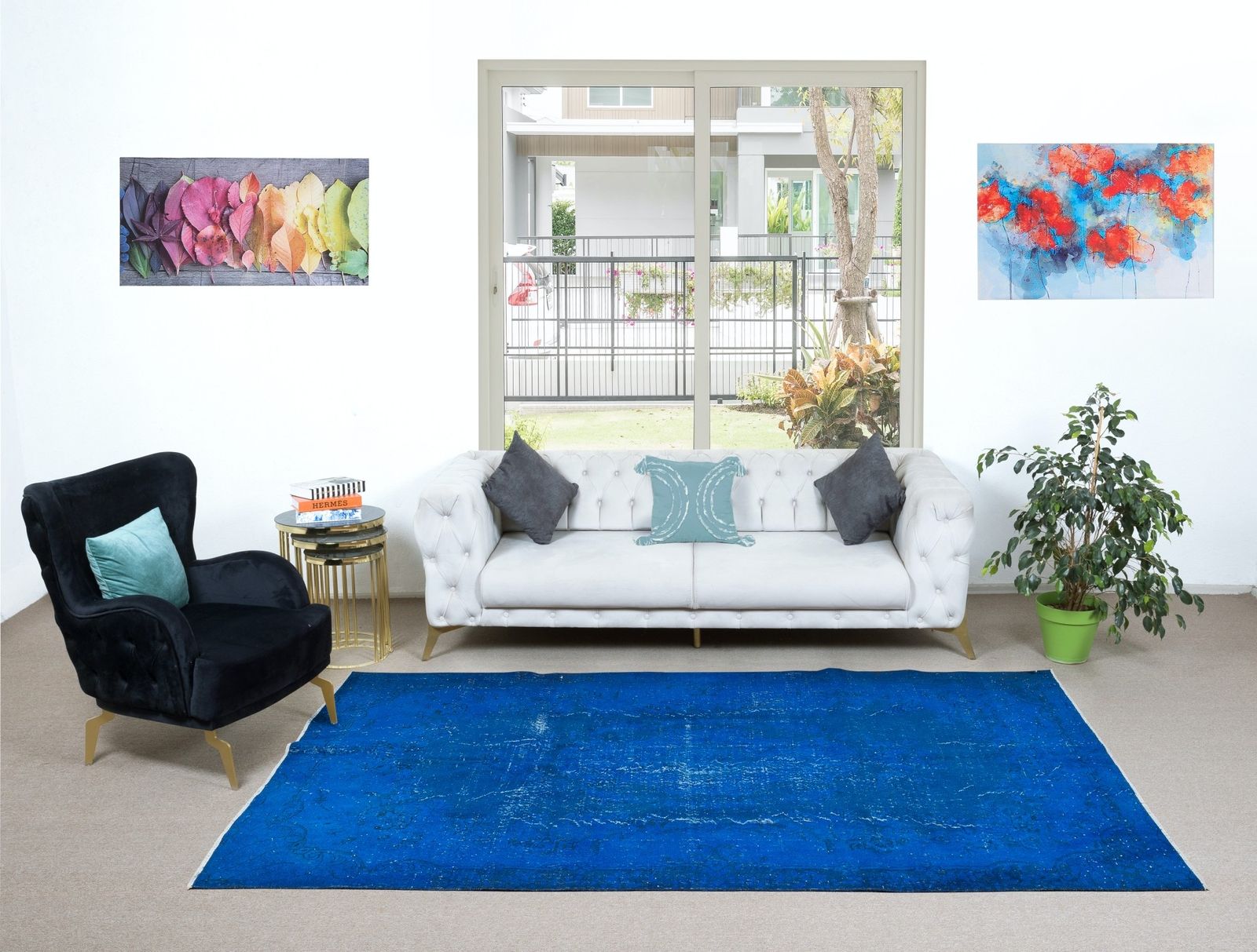 6.2x9.8 Ft Hand Knotted Rug In Sapphire Blue, Modern Turkish Redyed Carpet photo furniture