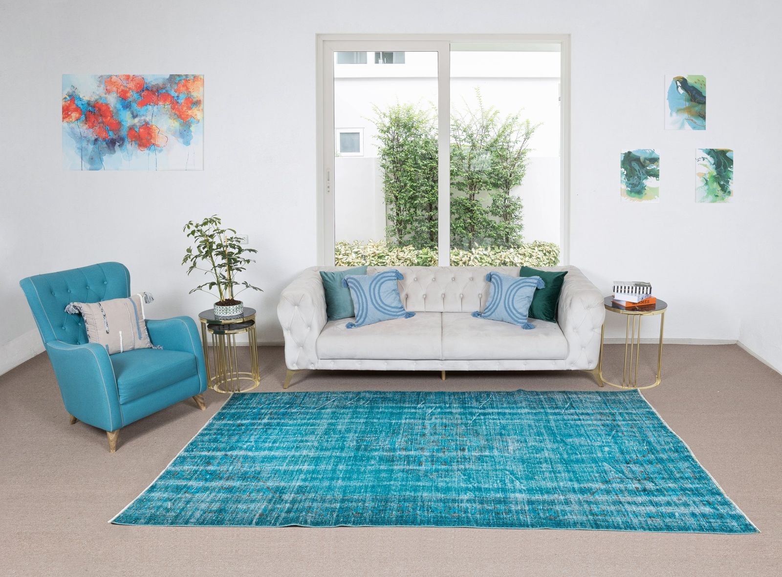 5.6x10 Ft Teal Re Dyed Rug For Modern Interior, Vintage Handmade Turkish Carpet photo furniture